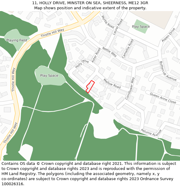 11, HOLLY DRIVE, MINSTER ON SEA, SHEERNESS, ME12 3GR: Location map and indicative extent of plot