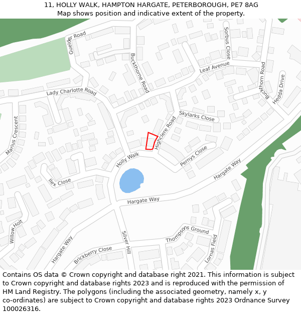 11, HOLLY WALK, HAMPTON HARGATE, PETERBOROUGH, PE7 8AG: Location map and indicative extent of plot