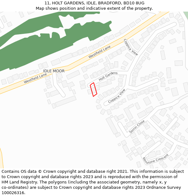 11, HOLT GARDENS, IDLE, BRADFORD, BD10 8UG: Location map and indicative extent of plot