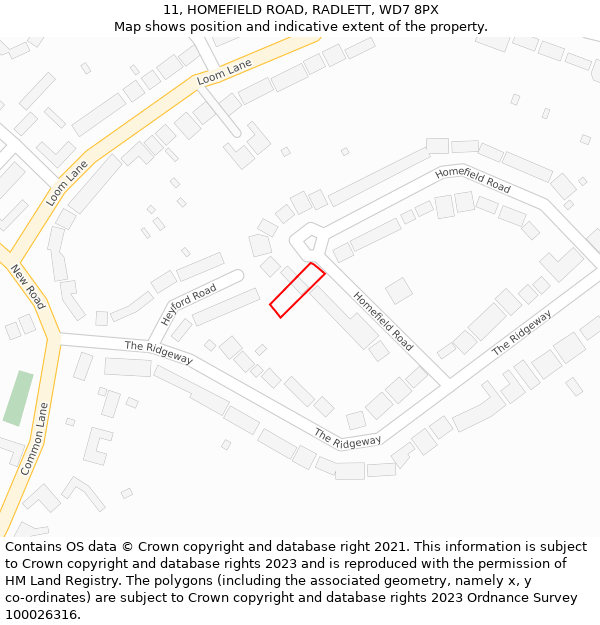 11, HOMEFIELD ROAD, RADLETT, WD7 8PX: Location map and indicative extent of plot