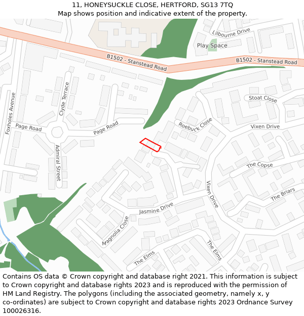 11, HONEYSUCKLE CLOSE, HERTFORD, SG13 7TQ: Location map and indicative extent of plot