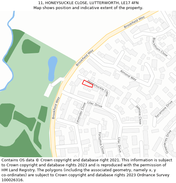 11, HONEYSUCKLE CLOSE, LUTTERWORTH, LE17 4FN: Location map and indicative extent of plot