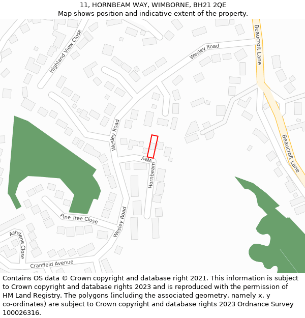 11, HORNBEAM WAY, WIMBORNE, BH21 2QE: Location map and indicative extent of plot