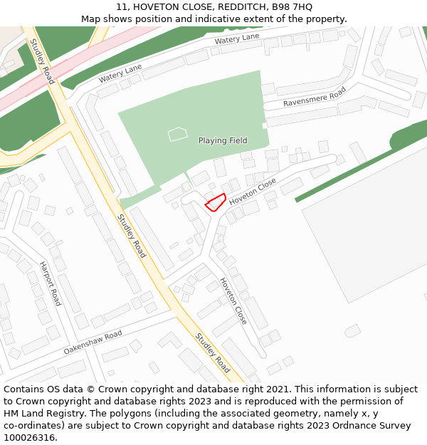 11, HOVETON CLOSE, REDDITCH, B98 7HQ: Location map and indicative extent of plot