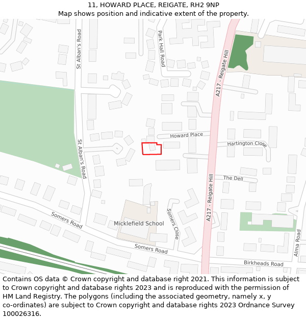 11, HOWARD PLACE, REIGATE, RH2 9NP: Location map and indicative extent of plot