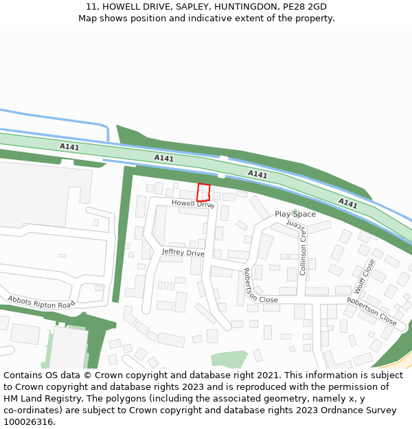 11, HOWELL DRIVE, SAPLEY, HUNTINGDON, PE28 2GD: Location map and indicative extent of plot