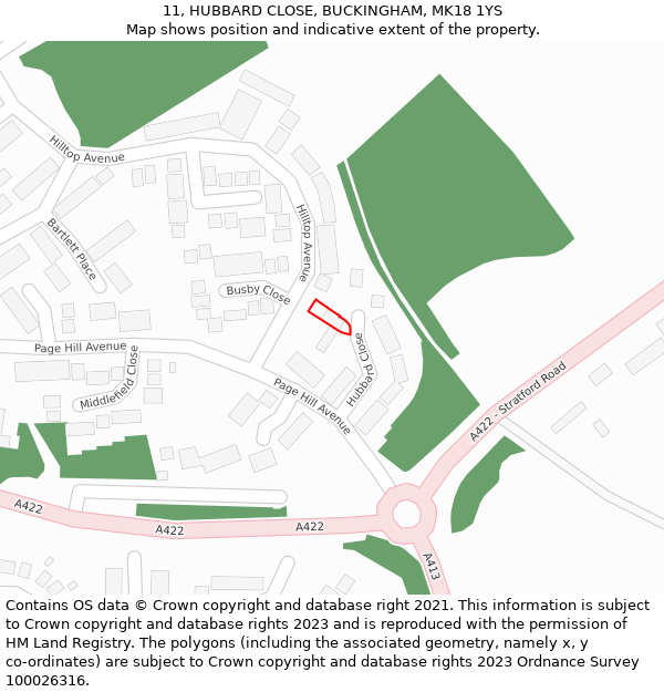 11, HUBBARD CLOSE, BUCKINGHAM, MK18 1YS: Location map and indicative extent of plot