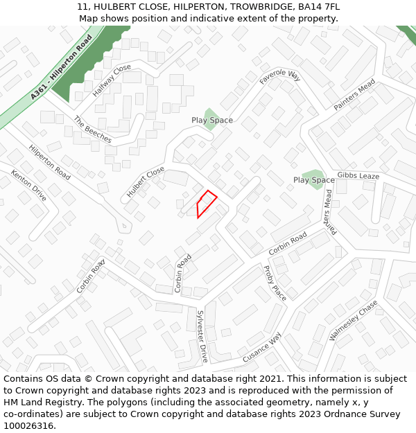 11, HULBERT CLOSE, HILPERTON, TROWBRIDGE, BA14 7FL: Location map and indicative extent of plot