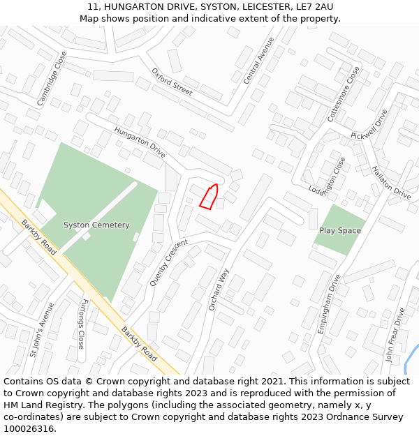 11, HUNGARTON DRIVE, SYSTON, LEICESTER, LE7 2AU: Location map and indicative extent of plot