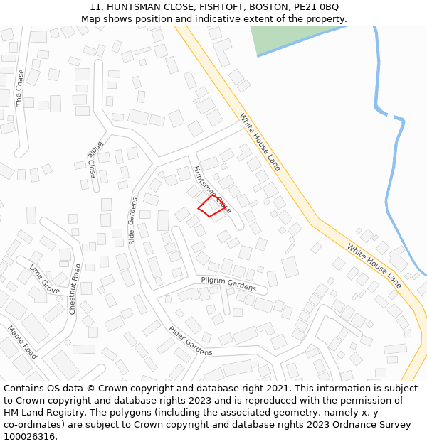 11, HUNTSMAN CLOSE, FISHTOFT, BOSTON, PE21 0BQ: Location map and indicative extent of plot