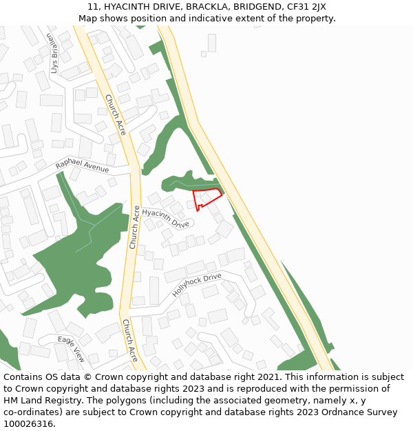 11, HYACINTH DRIVE, BRACKLA, BRIDGEND, CF31 2JX: Location map and indicative extent of plot