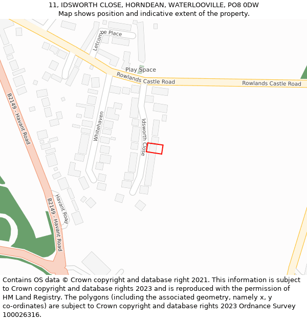 11, IDSWORTH CLOSE, HORNDEAN, WATERLOOVILLE, PO8 0DW: Location map and indicative extent of plot