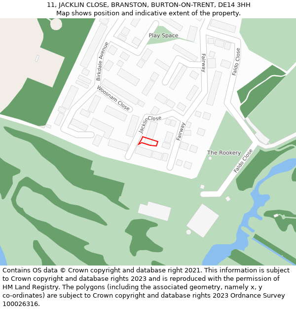 11, JACKLIN CLOSE, BRANSTON, BURTON-ON-TRENT, DE14 3HH: Location map and indicative extent of plot
