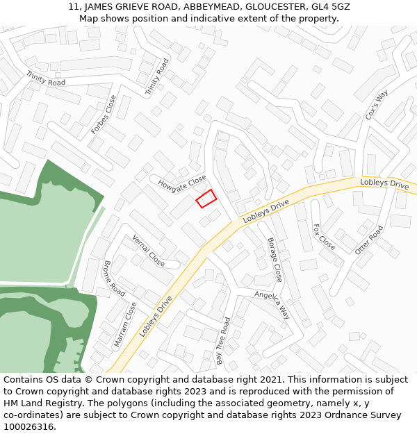 11, JAMES GRIEVE ROAD, ABBEYMEAD, GLOUCESTER, GL4 5GZ: Location map and indicative extent of plot