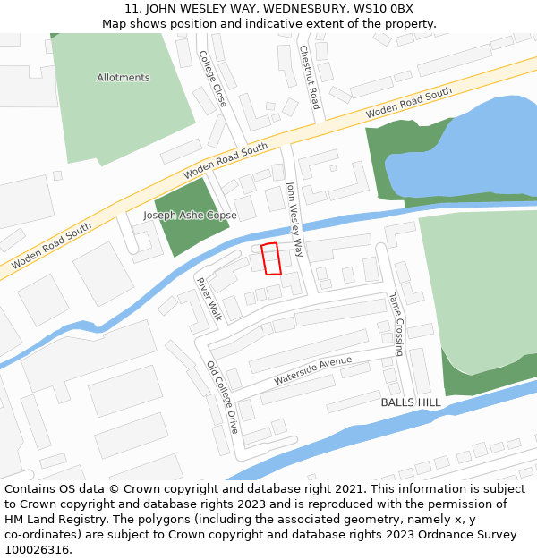 11, JOHN WESLEY WAY, WEDNESBURY, WS10 0BX: Location map and indicative extent of plot