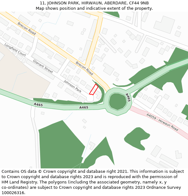 11, JOHNSON PARK, HIRWAUN, ABERDARE, CF44 9NB: Location map and indicative extent of plot