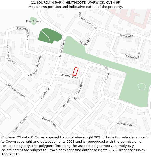 11, JOURDAIN PARK, HEATHCOTE, WARWICK, CV34 6FJ: Location map and indicative extent of plot