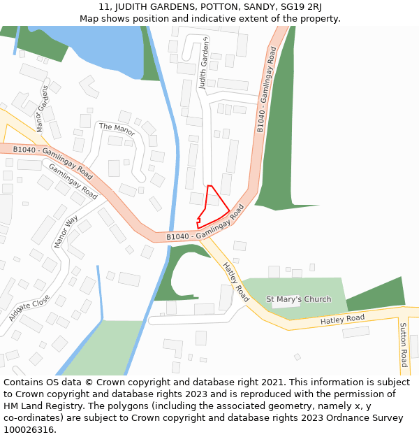 11, JUDITH GARDENS, POTTON, SANDY, SG19 2RJ: Location map and indicative extent of plot