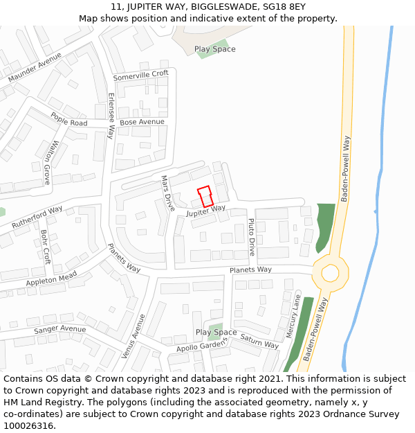 11, JUPITER WAY, BIGGLESWADE, SG18 8EY: Location map and indicative extent of plot