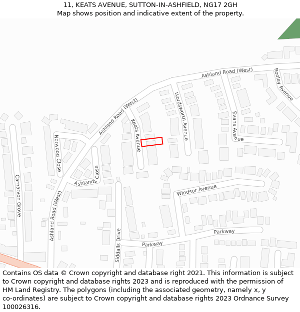 11, KEATS AVENUE, SUTTON-IN-ASHFIELD, NG17 2GH: Location map and indicative extent of plot