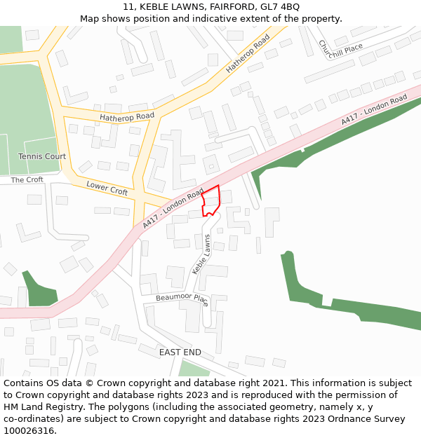 11, KEBLE LAWNS, FAIRFORD, GL7 4BQ: Location map and indicative extent of plot