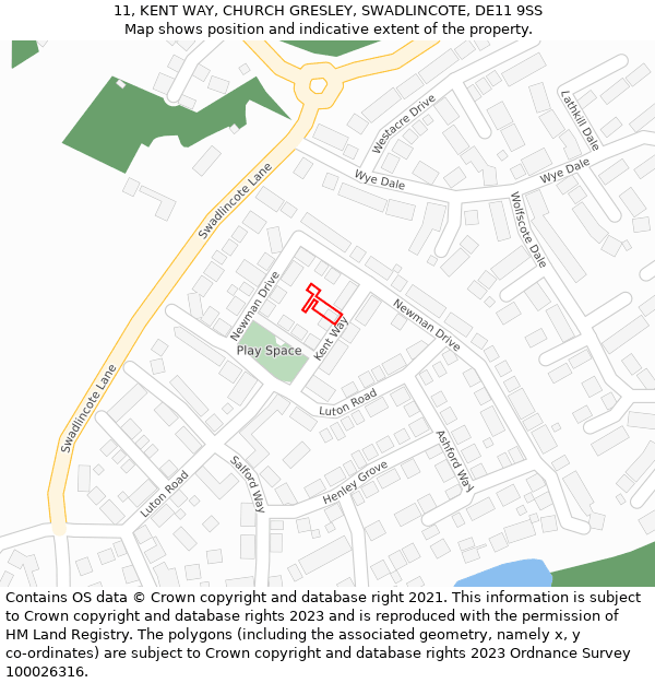 11, KENT WAY, CHURCH GRESLEY, SWADLINCOTE, DE11 9SS: Location map and indicative extent of plot