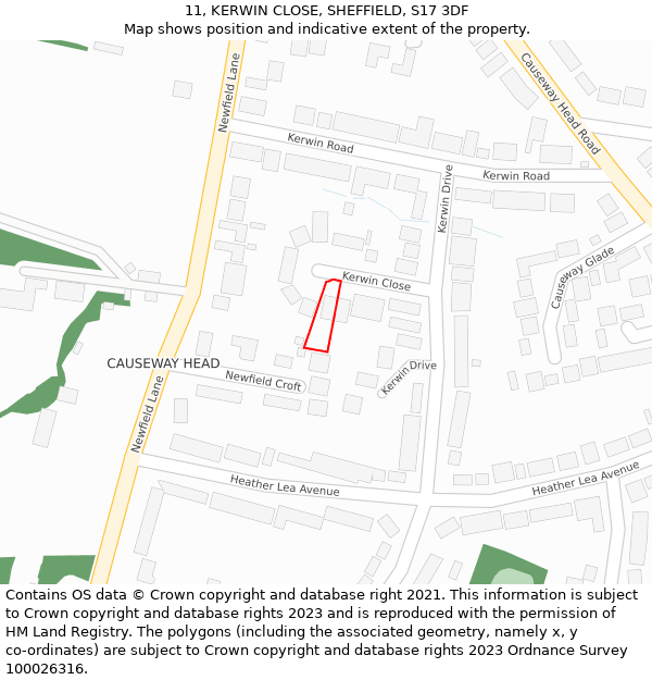 11, KERWIN CLOSE, SHEFFIELD, S17 3DF: Location map and indicative extent of plot