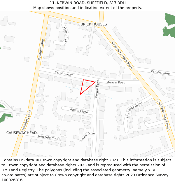 11, KERWIN ROAD, SHEFFIELD, S17 3DH: Location map and indicative extent of plot