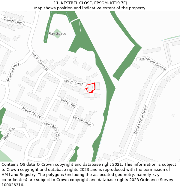 11, KESTREL CLOSE, EPSOM, KT19 7EJ: Location map and indicative extent of plot