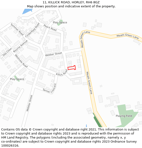 11, KILLICK ROAD, HORLEY, RH6 8GZ: Location map and indicative extent of plot