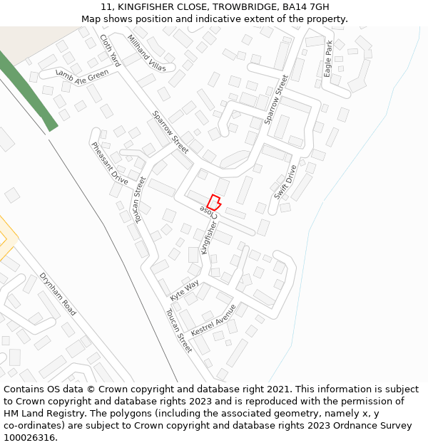 11, KINGFISHER CLOSE, TROWBRIDGE, BA14 7GH: Location map and indicative extent of plot