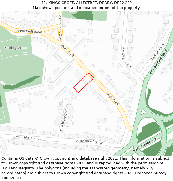 11, KINGS CROFT, ALLESTREE, DERBY, DE22 2FP: Location map and indicative extent of plot