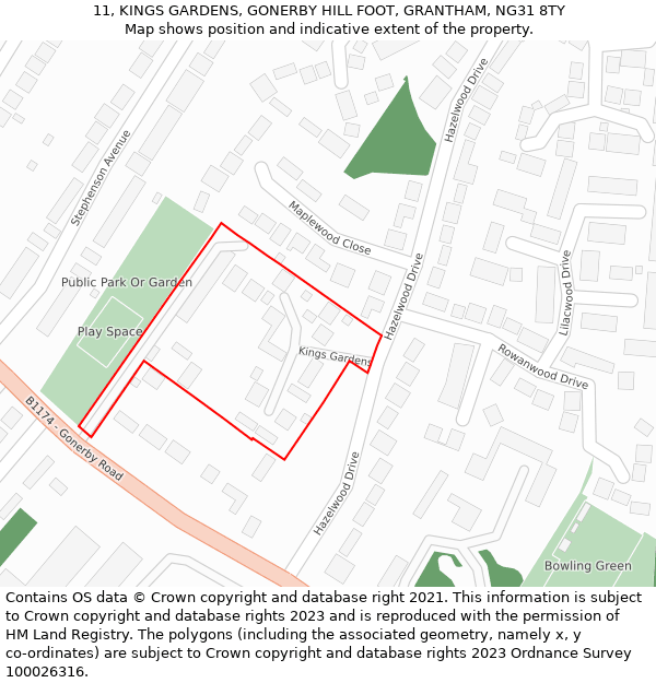 11, KINGS GARDENS, GONERBY HILL FOOT, GRANTHAM, NG31 8TY: Location map and indicative extent of plot