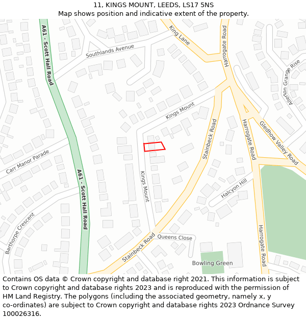 11, KINGS MOUNT, LEEDS, LS17 5NS: Location map and indicative extent of plot