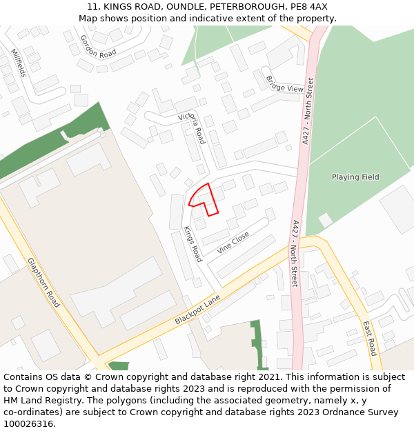 11, KINGS ROAD, OUNDLE, PETERBOROUGH, PE8 4AX: Location map and indicative extent of plot