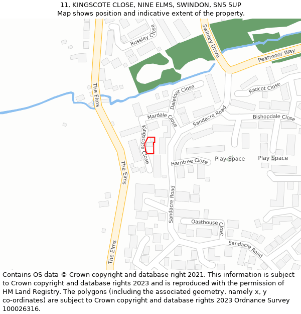 11, KINGSCOTE CLOSE, NINE ELMS, SWINDON, SN5 5UP: Location map and indicative extent of plot