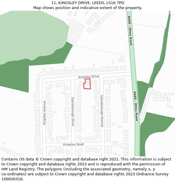 11, KINGSLEY DRIVE, LEEDS, LS16 7PD: Location map and indicative extent of plot