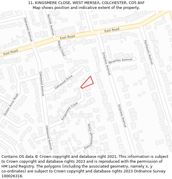 11, KINGSMERE CLOSE, WEST MERSEA, COLCHESTER, CO5 8AF: Location map and indicative extent of plot