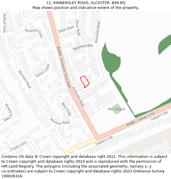 11, KINNERSLEY ROAD, ALCESTER, B49 6FJ: Location map and indicative extent of plot