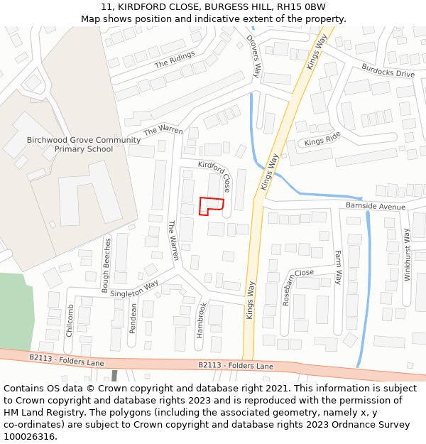 11, KIRDFORD CLOSE, BURGESS HILL, RH15 0BW: Location map and indicative extent of plot