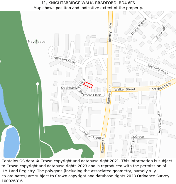 11, KNIGHTSBRIDGE WALK, BRADFORD, BD4 6ES: Location map and indicative extent of plot