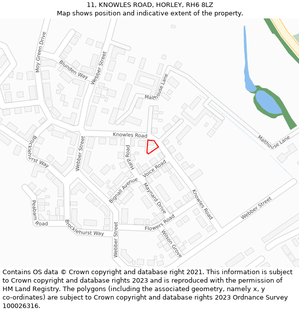 11, KNOWLES ROAD, HORLEY, RH6 8LZ: Location map and indicative extent of plot
