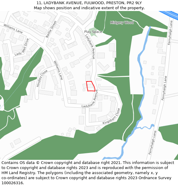 11, LADYBANK AVENUE, FULWOOD, PRESTON, PR2 9LY: Location map and indicative extent of plot