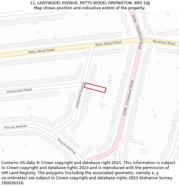 11, LADYWOOD AVENUE, PETTS WOOD, ORPINGTON, BR5 1QJ: Location map and indicative extent of plot