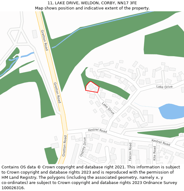 11, LAKE DRIVE, WELDON, CORBY, NN17 3FE: Location map and indicative extent of plot