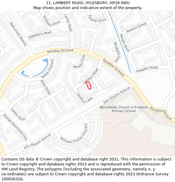 11, LAMBERT ROAD, AYLESBURY, HP18 0WU: Location map and indicative extent of plot