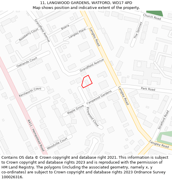 11, LANGWOOD GARDENS, WATFORD, WD17 4PD: Location map and indicative extent of plot