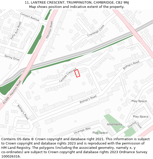 11, LANTREE CRESCENT, TRUMPINGTON, CAMBRIDGE, CB2 9NJ: Location map and indicative extent of plot