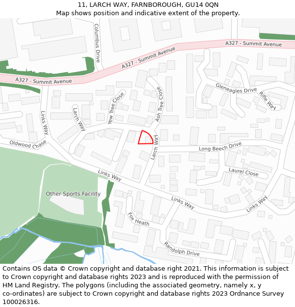 11, LARCH WAY, FARNBOROUGH, GU14 0QN: Location map and indicative extent of plot