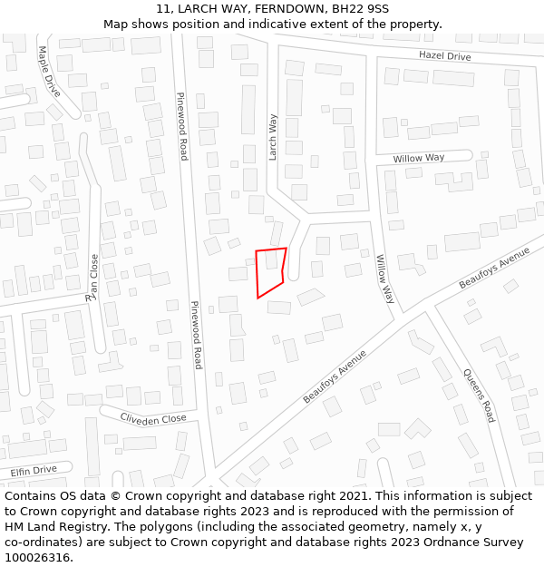 11, LARCH WAY, FERNDOWN, BH22 9SS: Location map and indicative extent of plot